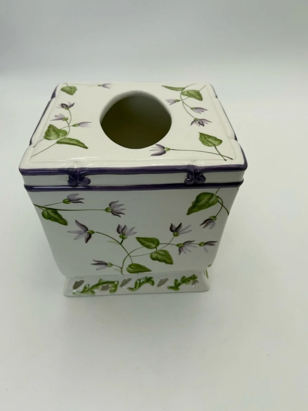 Veratex Violets Floral Ceramic Tissue Box Cover in White with Purple Trim